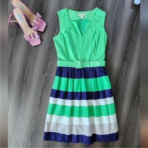 Banana Republic Green Striped Fit & Flare Belted Dress Size 2